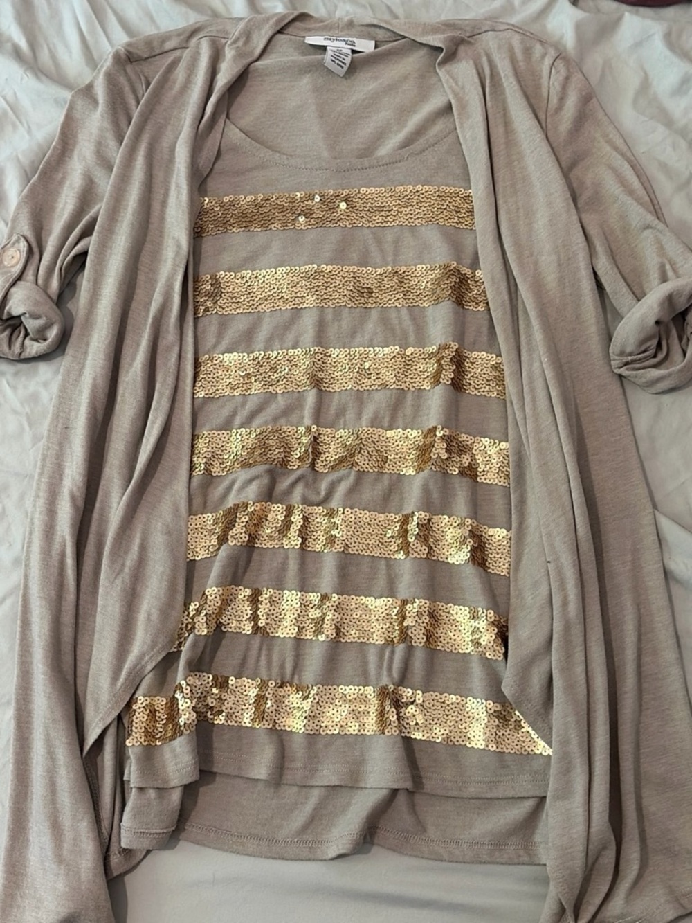 Style & Co. Taupe Camisole with Gold Sequin Stripes and Cardigan Attachment